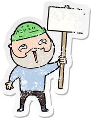 distressed sticker of a cartoon happy bearded man