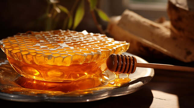 "Golden Elixir - Pure Honey on Honeycomb in a Glass Bowl"

