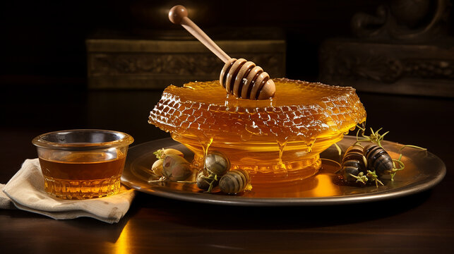 "Golden Elixir - Pure Honey on Honeycomb in a Glass Bowl"


