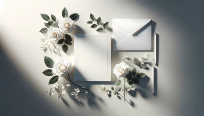 White blank mockup card with roses. Wedding letterhead mock-up, flat lay, background.