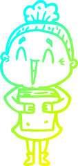 cold gradient line drawing cartoon happy old lady