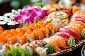 Sushi platter extravaganza, a lavish display featuring a colorful assortment of sushi and sashimi on a beautifully arranged platter.