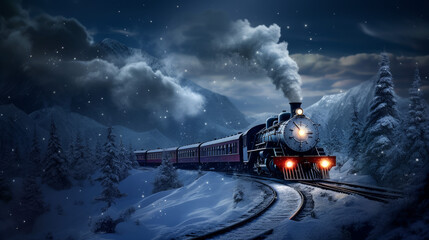 Scene of a magical train journey through a snowy landscape