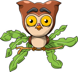 Cute owl with leaf, night bird