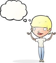 cartoon woman holding arms in air with thought bubble