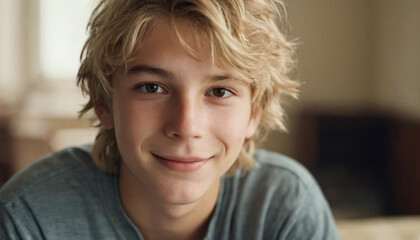 Young Blonde Man with Wavy Hair and Friendly Smile