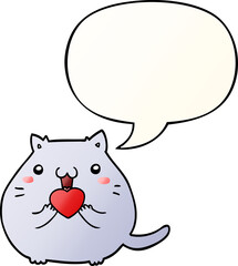 cute cartoon cat in love and speech bubble in smooth gradient style