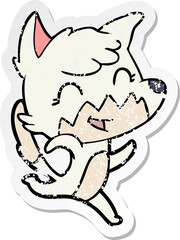 distressed sticker of a happy cartoon fox