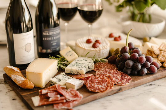 Cheese and wine pairing, an elegant setup featuring a curated selection of cheeses paired with complementary wines.