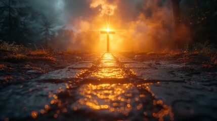 A glowing cross at the end of the road