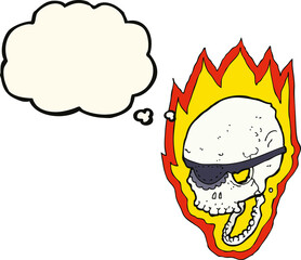 cartoon flaming pirate skull with thought bubble