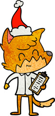 textured cartoon of a friendly fox manager wearing santa hat