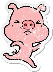 distressed sticker of a cartoon annoyed pig running