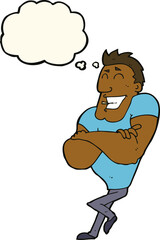 cartoon muscle guy with thought bubble