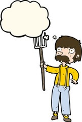 cartoon farmer with pitchfork with thought bubble