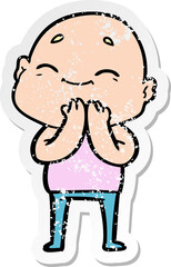 distressed sticker of a happy cartoon bald man