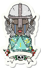 crying elf fighter character face with natural one D20 roll illustration