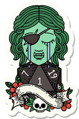 crying orc rogue character face with natural one D20 roll sticker