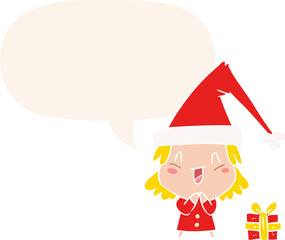 cartoon girl wearing christmas hat and speech bubble in retro style