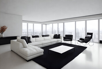 Modern luxury livingroom with leather sofa, coffee table and big window