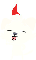 flat color illustration of a dog sticking out tongue wearing santa hat