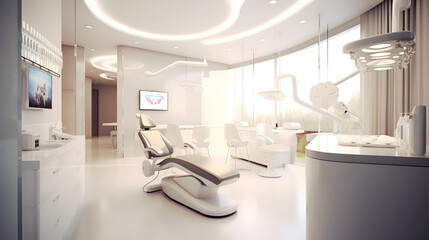 Ultra-modern medical office of a dentist, gynecologist, in light colors with a large comfortable chair, equipment, computers, powerful light