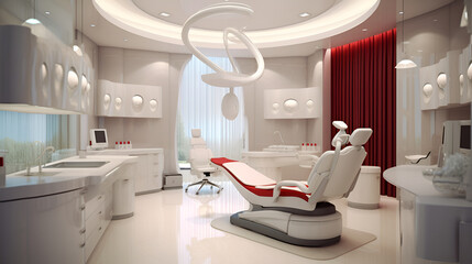 Ultra-modern medical office of a dentist, gynecologist, in light colors with a large comfortable chair, equipment, computers, powerful light