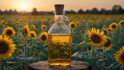 sunflower oil in blank glass bottle on sunflowers with sunlight backdrop, cooking oil advertising banner