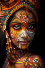 Fototapeta premium young model woman with artistic makeup and different accessories on her head