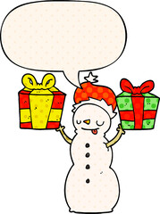 cartoon snowman and present and speech bubble in comic book style