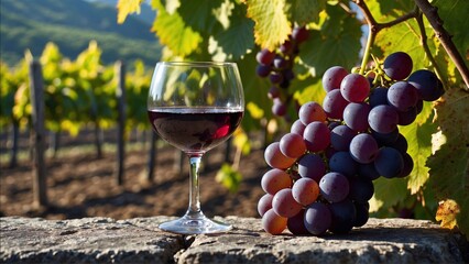 wineglass of red wine in vineyard with ripe grapes on stone stand, vine background, advertising...