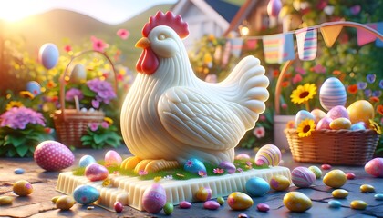 Pâques: poule et œufs en chocolat, décor festif et coloré.
