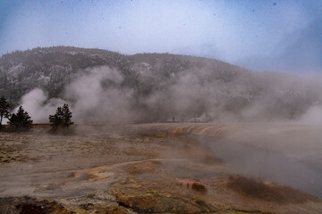 Dramatic View of Yellowstone National Park in the Winter with Some Snowfall