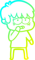 cold gradient line drawing cartoon exhausted boy