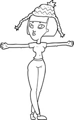 black and white cartoon woman wearing hat