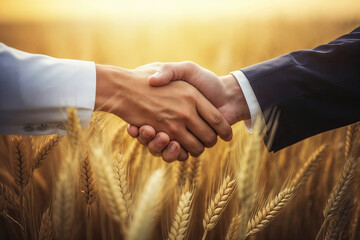 Two hands in a firm handshake against the warm backdrop of a golden wheat field under sunlight.