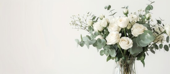Arrangement of eucalyptus twigs and white roses in a glass vase on a white background.