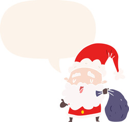 cartoon santa claus carrying sack of presents and speech bubble in retro style