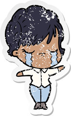 distressed sticker of a cartoon woman crying