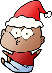 gradient cartoon of a bald man staring wearing santa hat