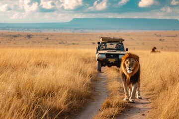 Jeep on a road in the savanna watching a lion walking in front of them. Safari concept, vacations