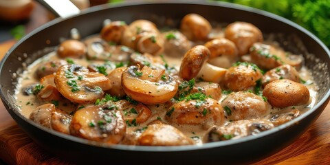 Plump, Golden Fried Mushrooms Sizzling in Pan! Bathed in Magnificent Creamy Sauce - Irresistible Aroma and Visual Feast Promise Delight - Soft Natural Light