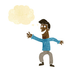cartoon happy man dancing with thought bubble