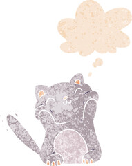 cartoon cat and thought bubble in retro textured style