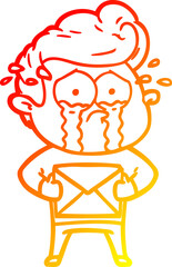 warm gradient line drawing cartoon crying man receiving letter