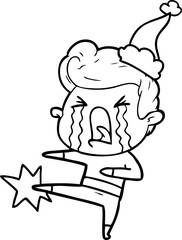 line drawing of a crying man wearing santa hat