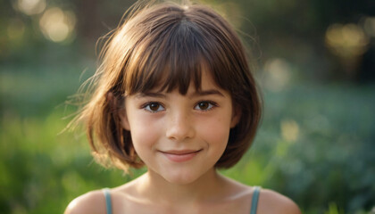 Young Brunette Girl with Bobbed Hair and Radiant Smile, Soft Light Portrait