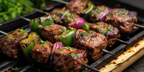 Sizzling Barbecue Beef Kebabs Adorned with Vibrant Green Peppers! Aroma of Grilling Meat Mingles with Enticing Scent of Peppers - Soft Natural Light