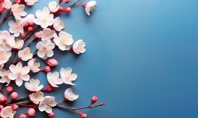 Spring flower composition. White and pink flowers on blue pastel background. Concept for Valentine's Day, Women's Day, Mother's Day. Flat lay, top view, copy space