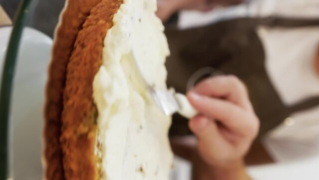 Pastry chef elegantly spreading carrot cake filling over the perfectly cut cake layer, demonstrating finesse in layering for a visually appealing and delectable creation, vertical video
